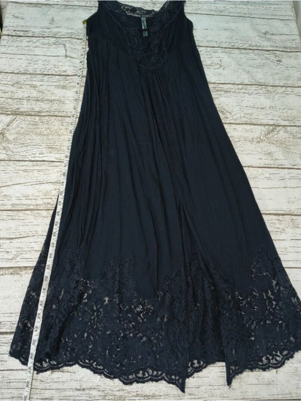 Anthropologie Black Slip Dress Lace Detail Front Slit Size Medium - Picture 5 of 9
